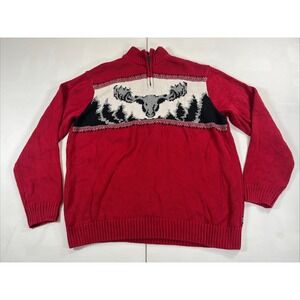 Chaps Sweater Deer Moose Pullover 1/4 Zip Cotton Winter Christmas Red Mens XL